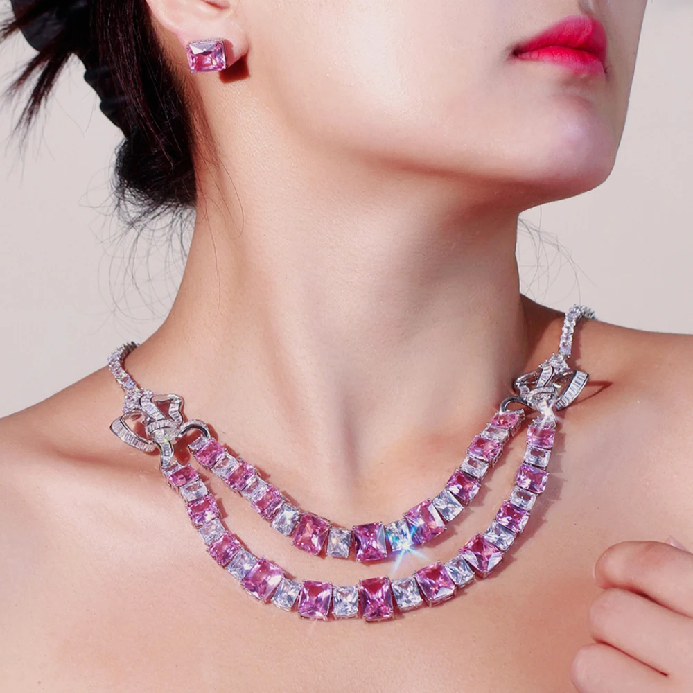 ThreeGraces Luxury Shining Pink Zirconia 2 Layer Design Big Square CZ Bridal Wedding Evening Party Jewelry Set for Women T1043