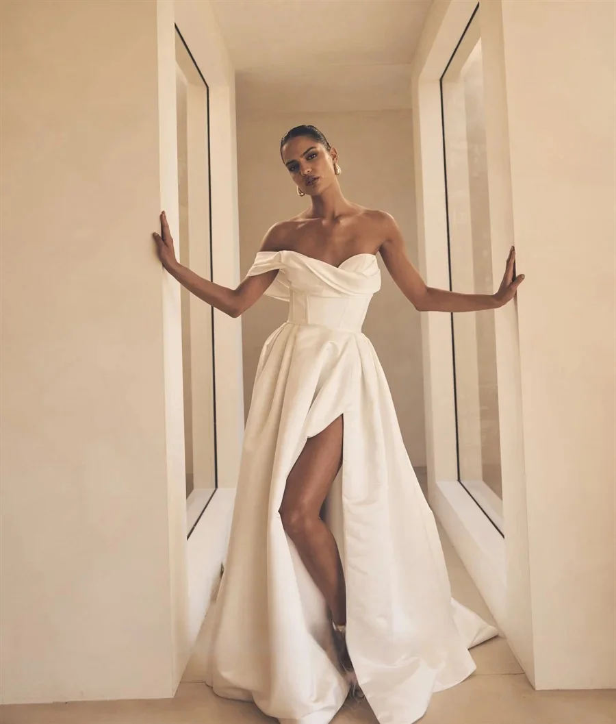 

Simple Satin Customize To Measures One Shoulder Wedding Gown Appeal Satin Sheen Slit Skirt for a Romantic and Glamorous Bridal