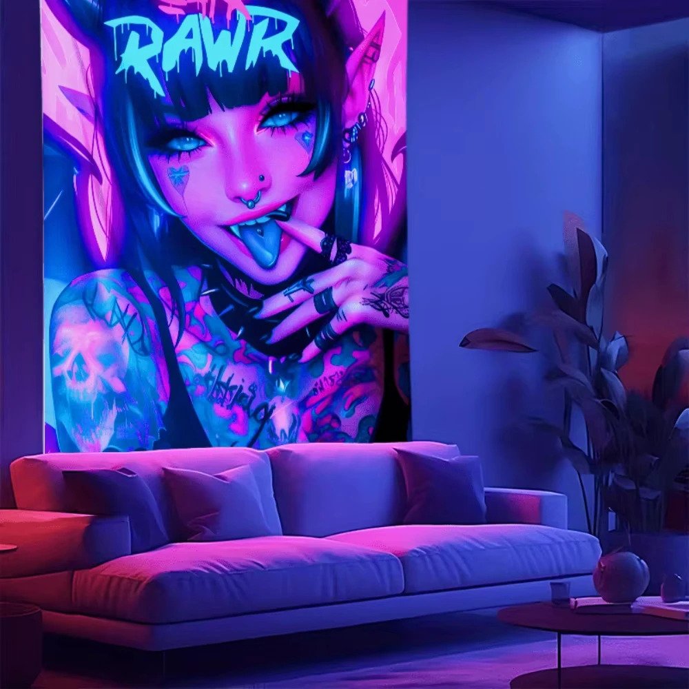 VIKEMA Dark Phantom Tapestry Graffiti Demon Girl Hip Cool Room Decoration Gaming Room Halloween Party Wall Decoration