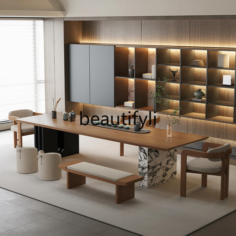 

Italian light luxury minimalist solid wood tea table and chair combination home living room tea table modern high sense