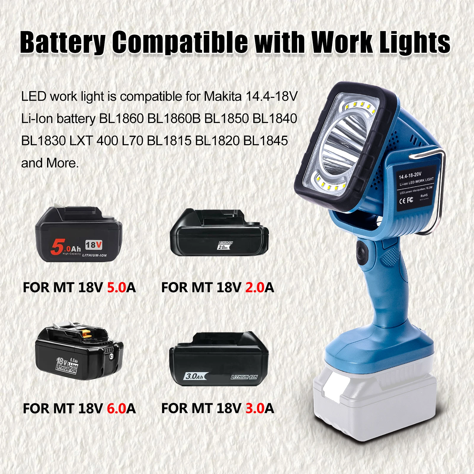Luz LED de trabajo de 16,2 W, linterna de 4 modos, luz de inundación portátil para exteriores, iluminación de emergencia para batería Makita de 18V
