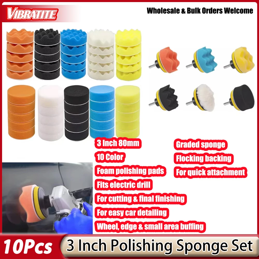 10 Pcs 3 Inch Polishing Pad Foam Drill Sponge Buffing Pads 80mm Flocking Car Buffer Pads for Detail Polisher Waxing Cleaning