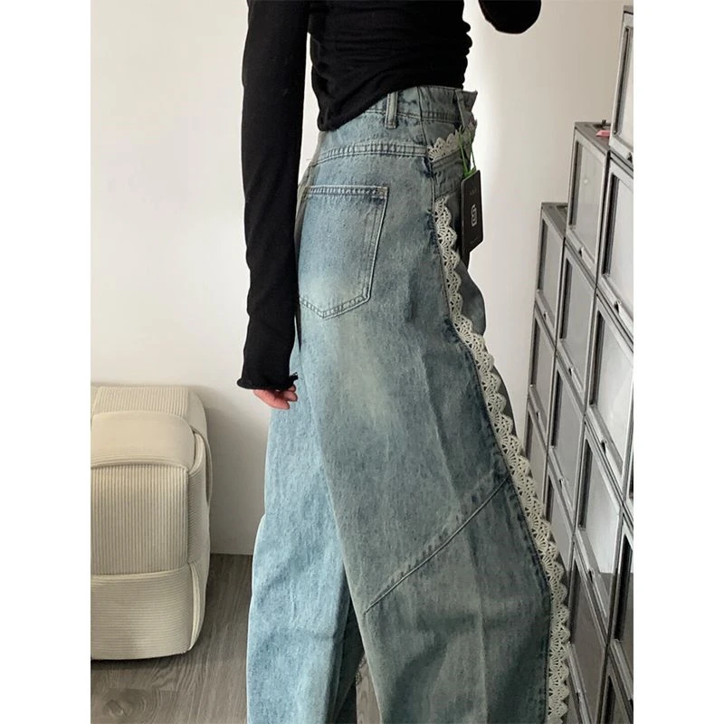 Dames jeans met kanten randontwerp, rechte wijde pijpen, gepersonaliseerde broek, cool girl casual bodems, vrouwelijke straatdenimbroek