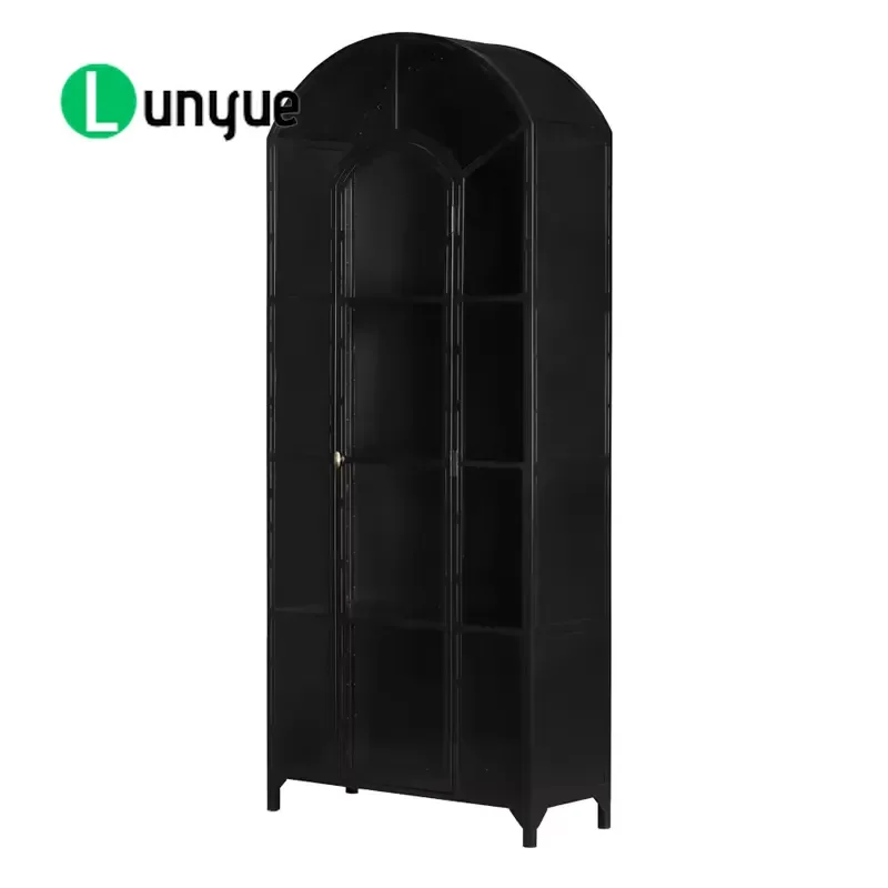 American Solid Wood Modern Glass Door Display Cabinet Custom Black Arched Wine Storage Cabinet for Living Room Dining Room