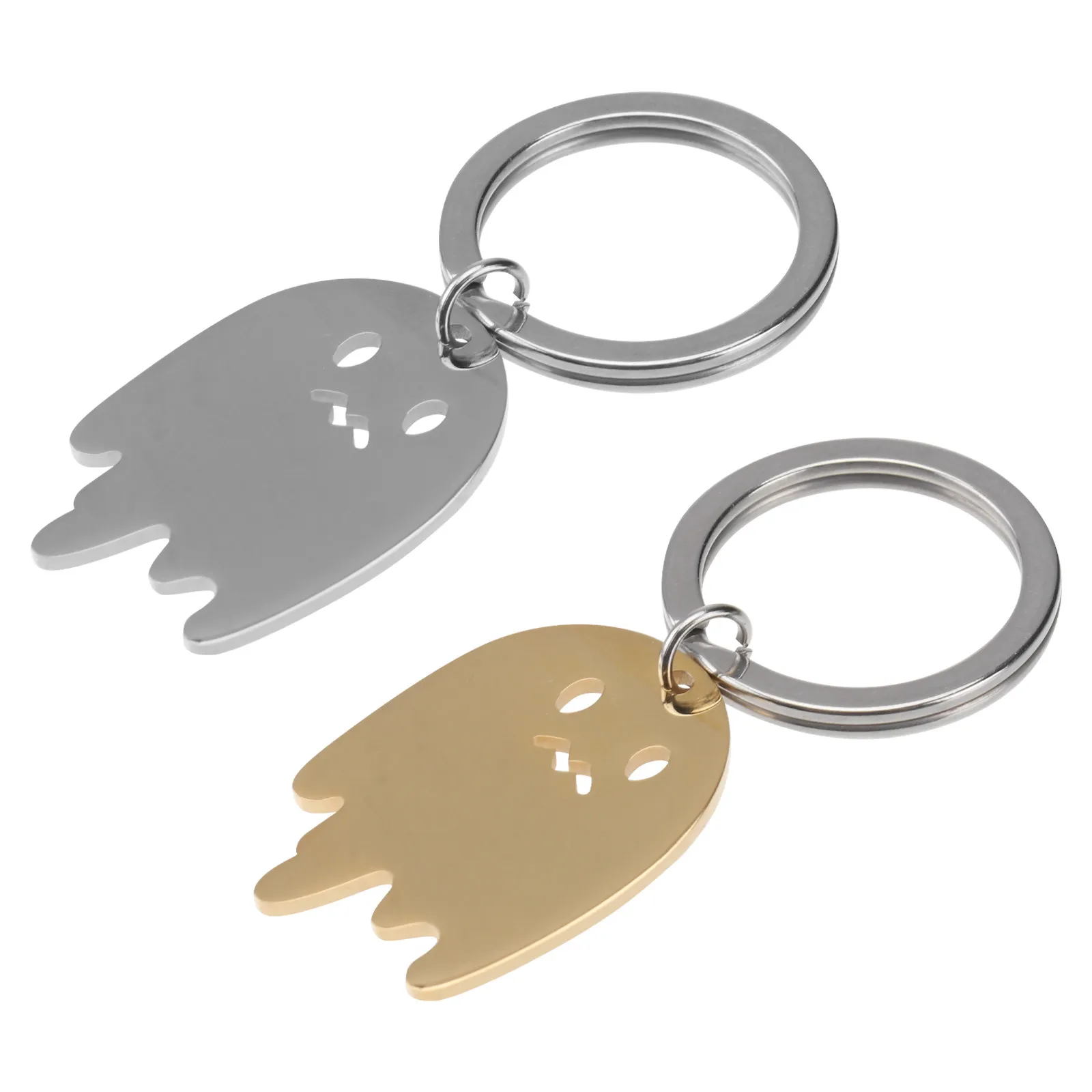 2Pcs Ghost Keychains Stainless Steel Halloween Key Ring for Men Women, Golden Rust-Resistant Hanging Decor Gift
