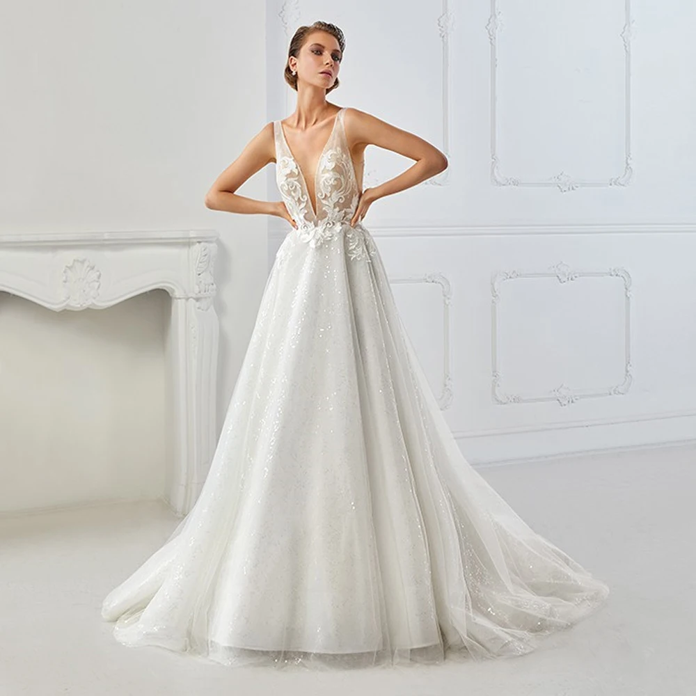 Vestidos de novia personalizados con cuello en V profundo, apliques de encaje sin mangas, con cremallera en la espalda, largo hasta el suelo, Vestido de novia
