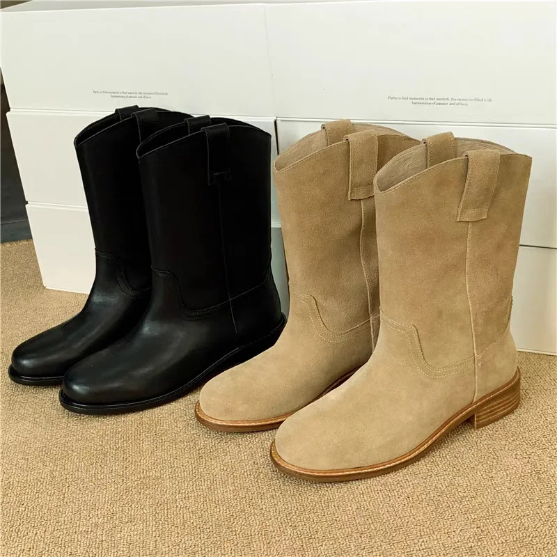 Short boots retro round toe flat bottom frosted soft leather midsole boots for women 2025 autumn and winter new collection