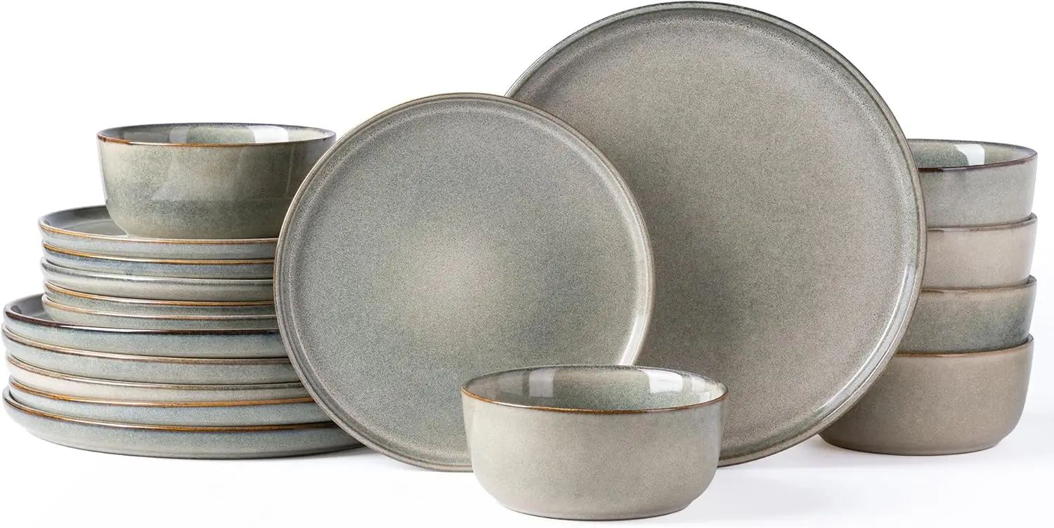 AmorArc Stoneware Dinnerware Sets,Round Reactive Glaze Ceramic Plates and Bowls Set,Highly Chip and Crack Resistant