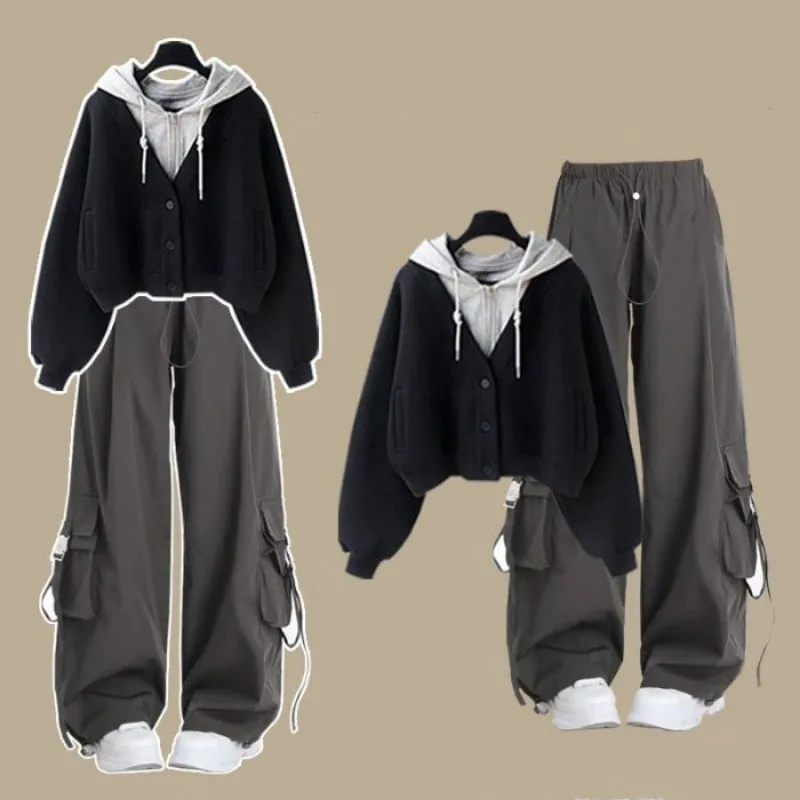 2026 Girl Spring Autumn New Casual Tracksuit Matching Set Korean Elegant Fake Two-piece Hooded Sweatshirt+Loose Cargo Pants Suit