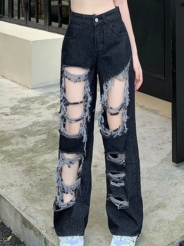 

High Waist Straight Leg Distred Denim Jeans Women's Spring Summer New Sle Individual Street Loose Wide Leg Long Pants