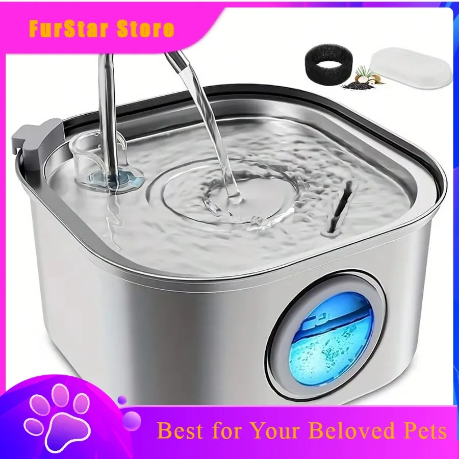 FurStar3.2L Pet Water Feeder With Transparent Window Silent Filter With Faucet Stainless Steel Dog Drinking Fountain