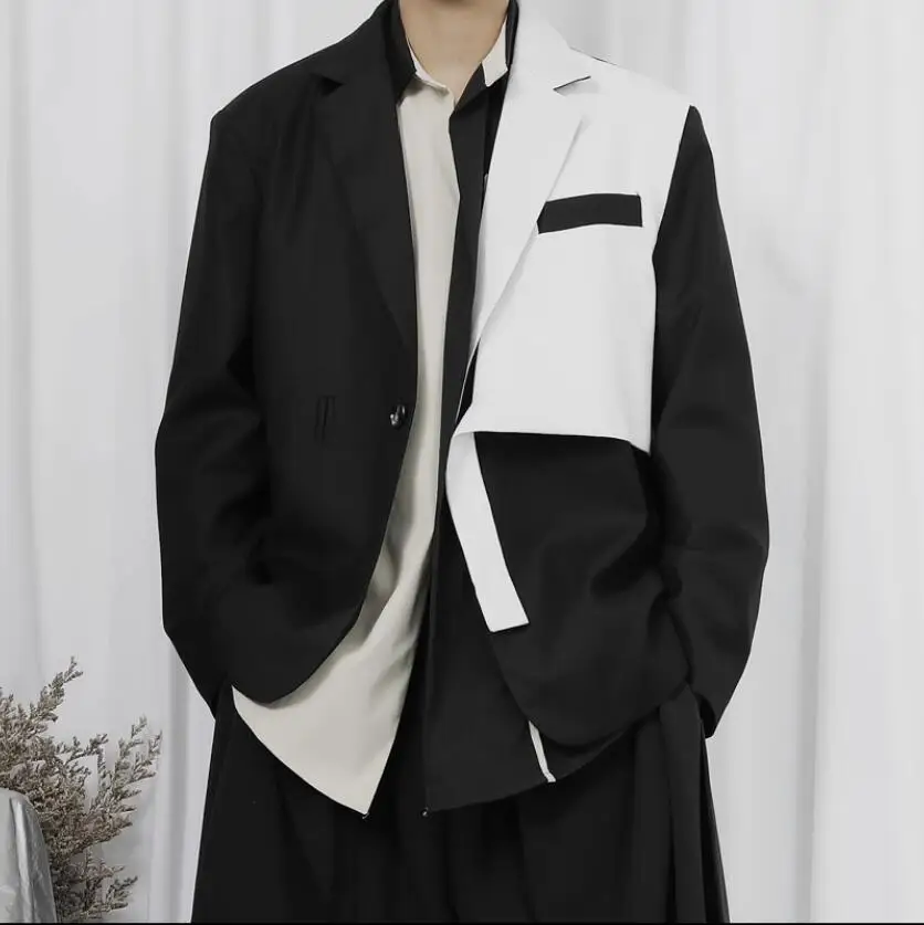 Hot Original Men's New Suit Jackets Tide Irregular Design Black And White Color Matching Niche Young Handsome Small Coats Male