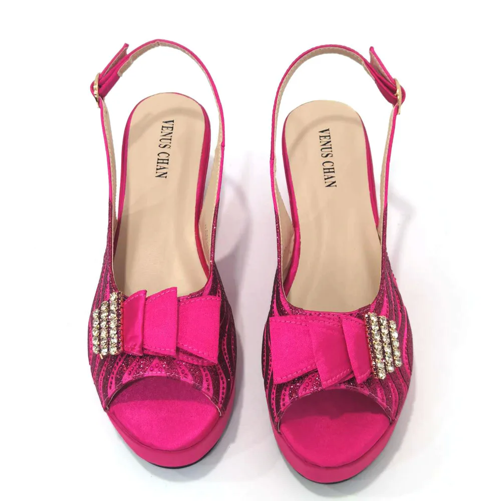 Venus Chan-cuñas de boda de diseño italiano para mujer, zapatos de tacón alto, Color fucsia, conjunto de bolso a juego, nigeriano para fiesta