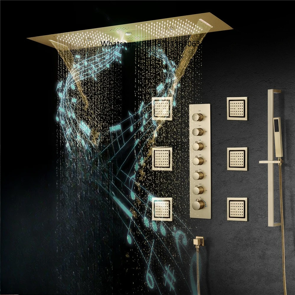 Ceiling Embedded 36*12inch Led Shower Head with Music Speaker Rain Waterfall Mist Bathroom Thermostatic Shower Faucet Set