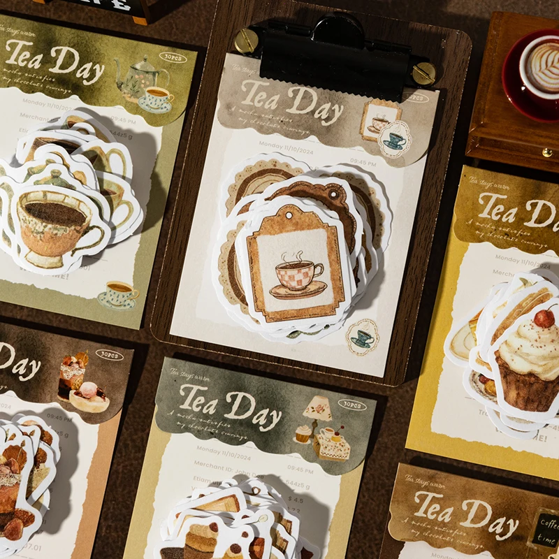 30 pcs/pack Vintage INS Creative tea set Stickers Decorative Stick Labels Diary Album hand made Scrapbooking material
