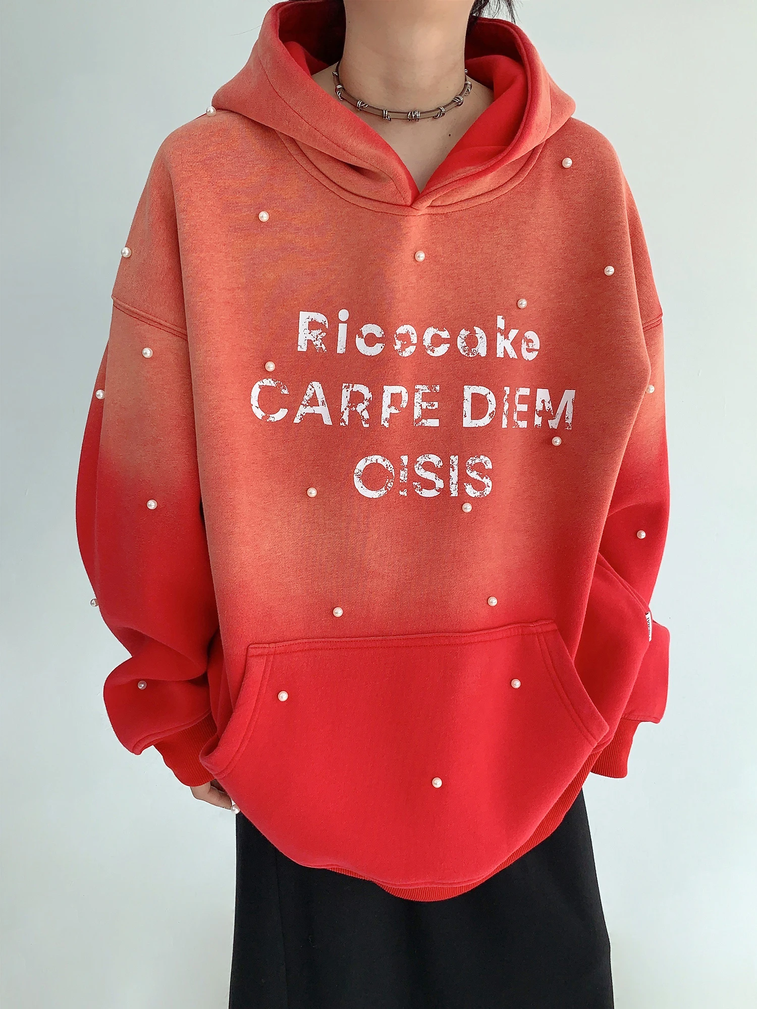 

Зимняя толстовка Oisis Thiened для женщин в американском ретро-стиле, свободного кроя, на флисовой подкладке, с блестящими жемчужинами, уличный стиль, с длинными рукавами