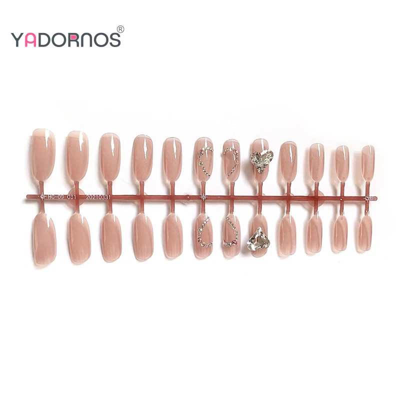 3D unhas postiças de strass com cola, bailarina dicas de unhas falsas para mulheres e meninas, amêndoa, cor nua, pressione, Love Heart Designs