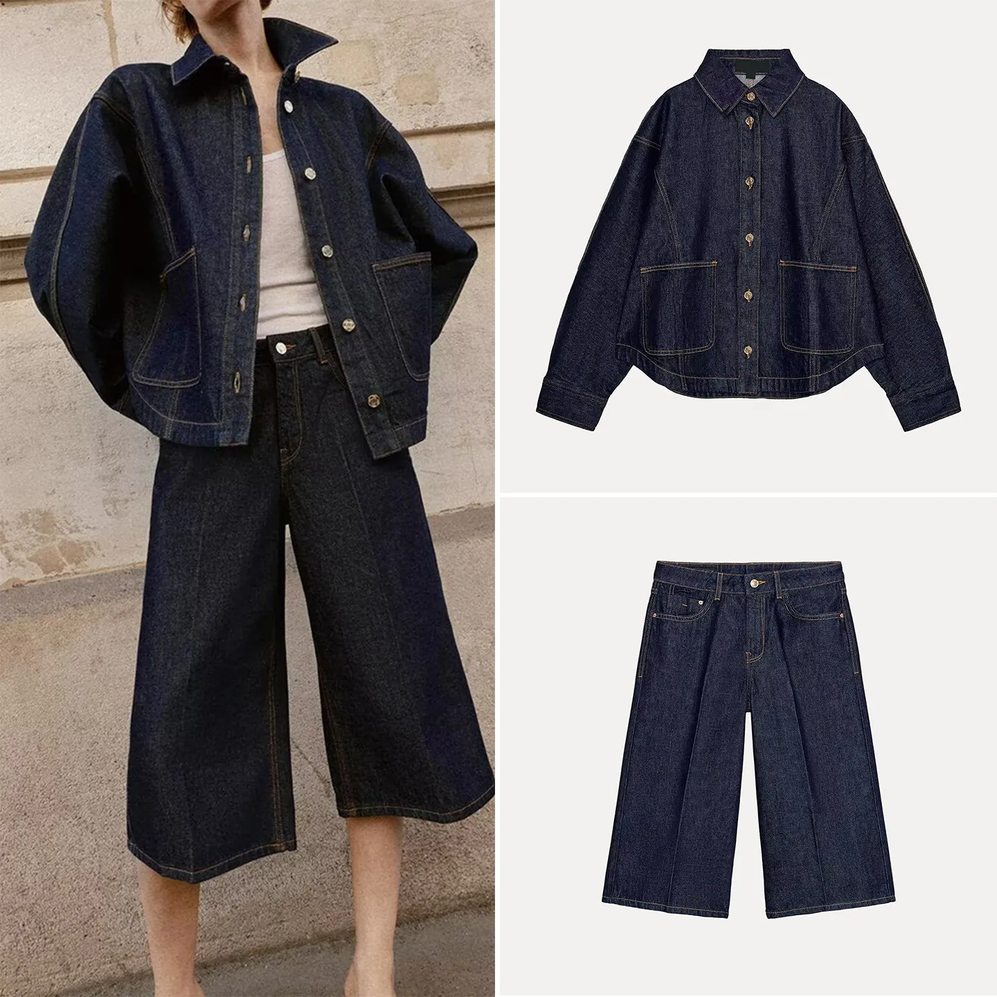

Women's Spring 2026 New Denim Jacket Set Casual Shorts Long Sleeve Flip Collar Two-Piece Suit ZADATA Fashion Ensemble