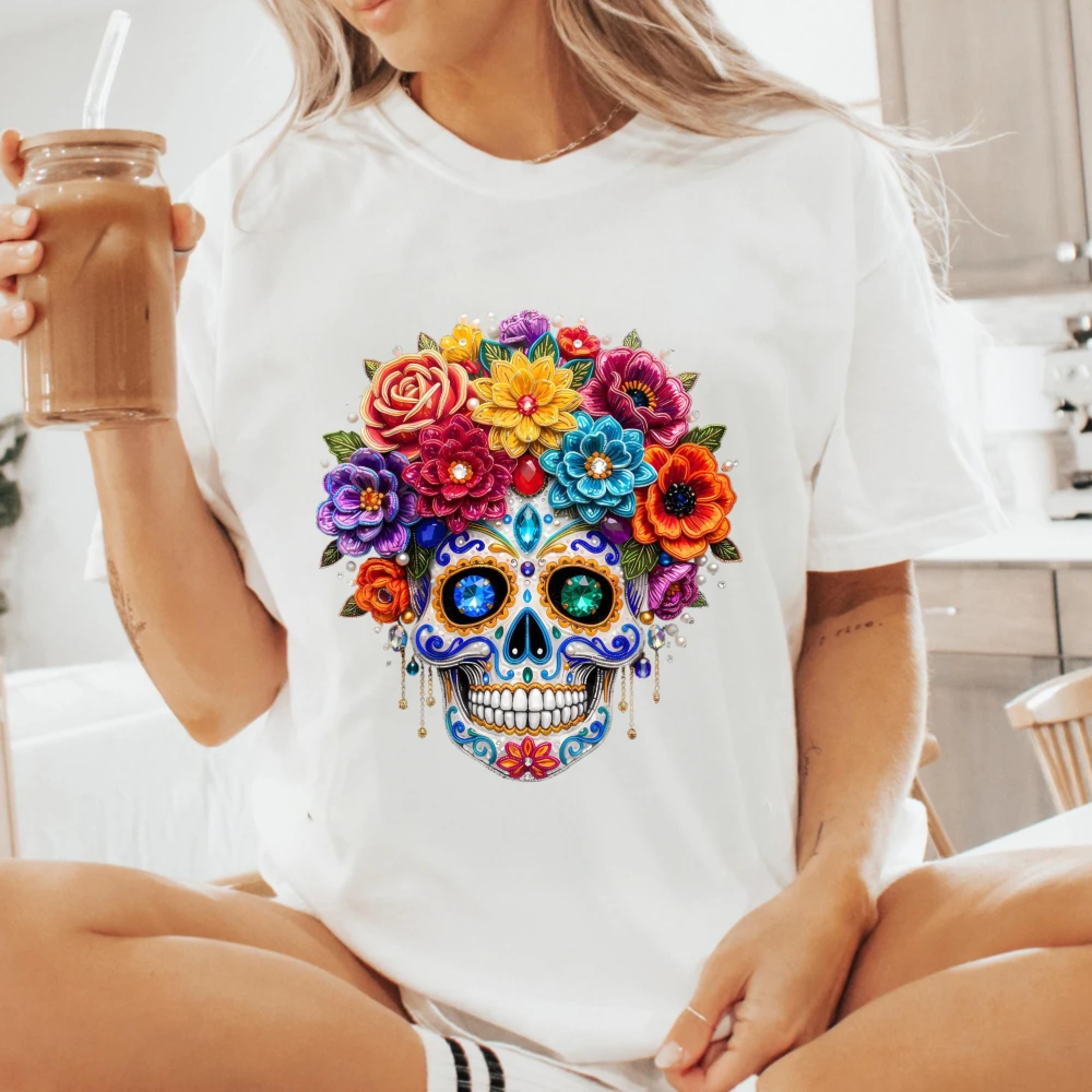 Floral Sugar Skull Shirt Calavera Shirt Día de los Muertos Mexican Festival Celebrations Tee Gem Floral Sugar Skull Cotton Tops