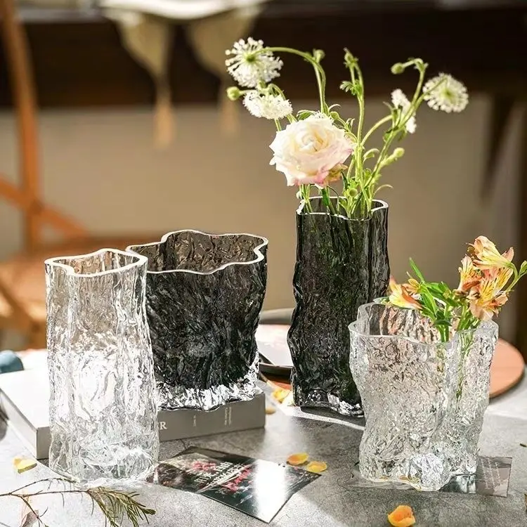High End Creative Irregular Glacier Glass Vase, Water Cultured Fresh Dried Flowers Arrangement, Dining Table Decoration
