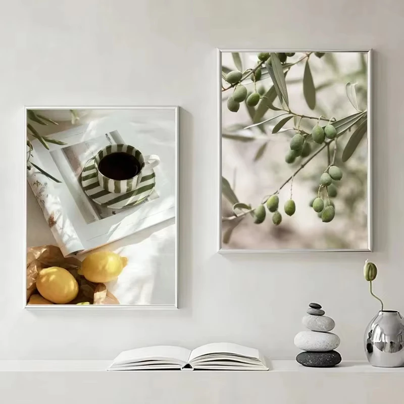 Sol, ramas de olivo, hojas, arquitectura, café, limón, carteles, impresiones, pintura en lienzo, arte de pared nórdico, decoración para sala de estar