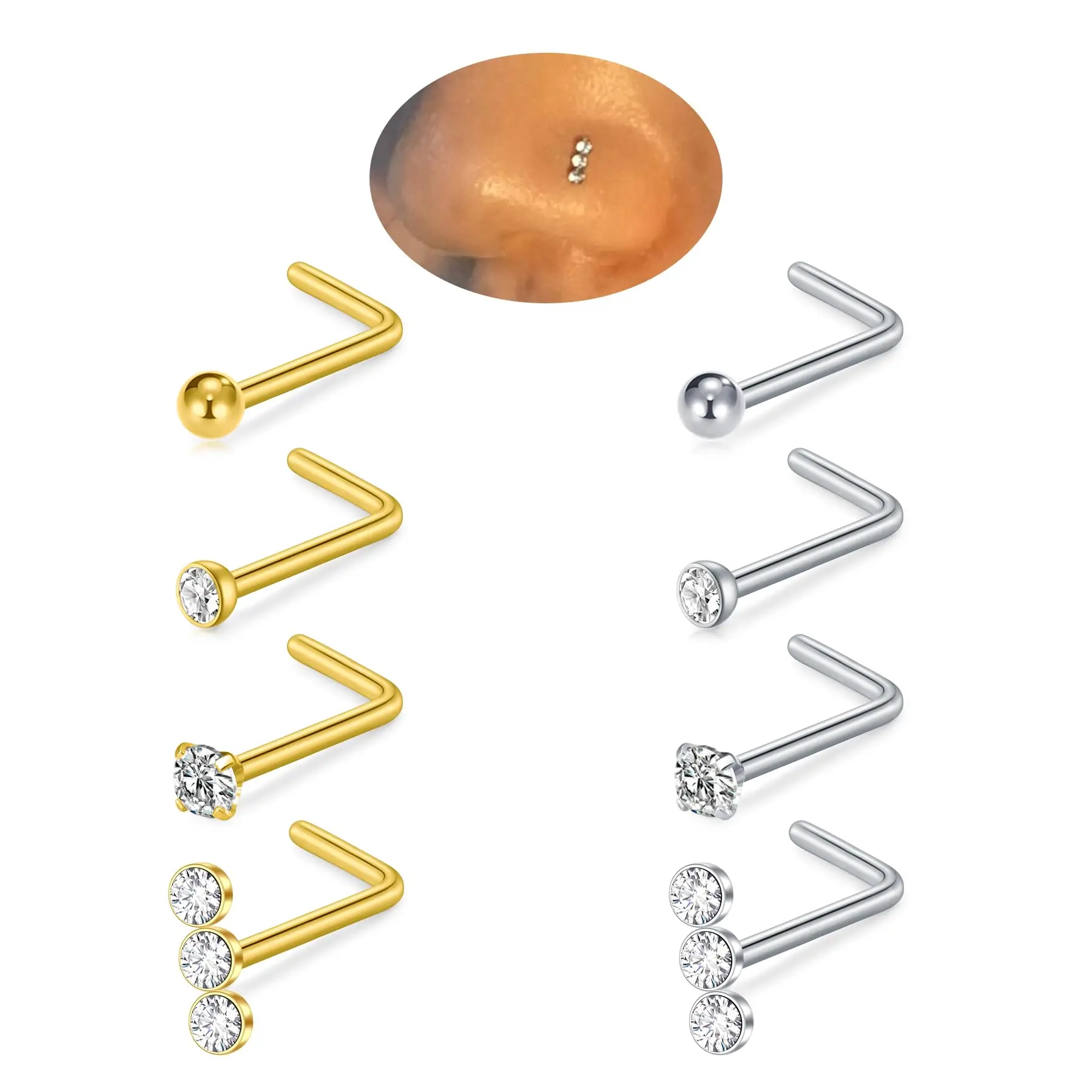 8pcs/Set 20G Surgical Stainless Steel CZ 2mm 3mm L Shaped Nose Rings Studs Corkscrew Nose Piercing Jewelry for Women Men