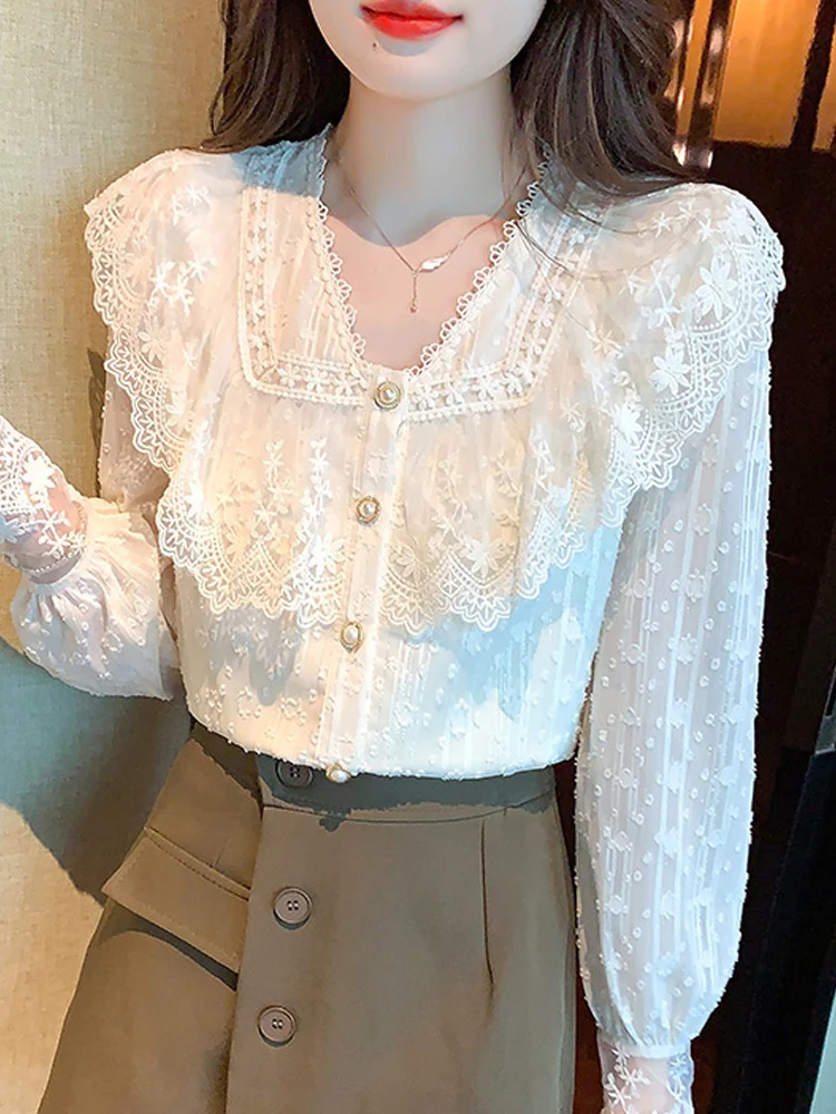 Autumn Blouse Women Long Sleeve Ruffles V-Neck Lace Blouse Shirt Women Tops Blusas Mujer De Moda 2024 Blouses Shirts Blusa G230