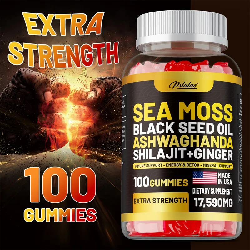 

Sea Moss, Black Seed Oil, Ashwagandha, Ginger, Shilajit Gummies - Support Joints and Skin Health, Improve Athletic Performance