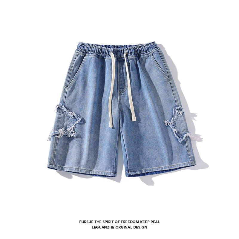 Vintage Star Patch Denim Blue Shorts Men's Hop Short Pants Casual High Street Large Size Loose Straight Five Pants