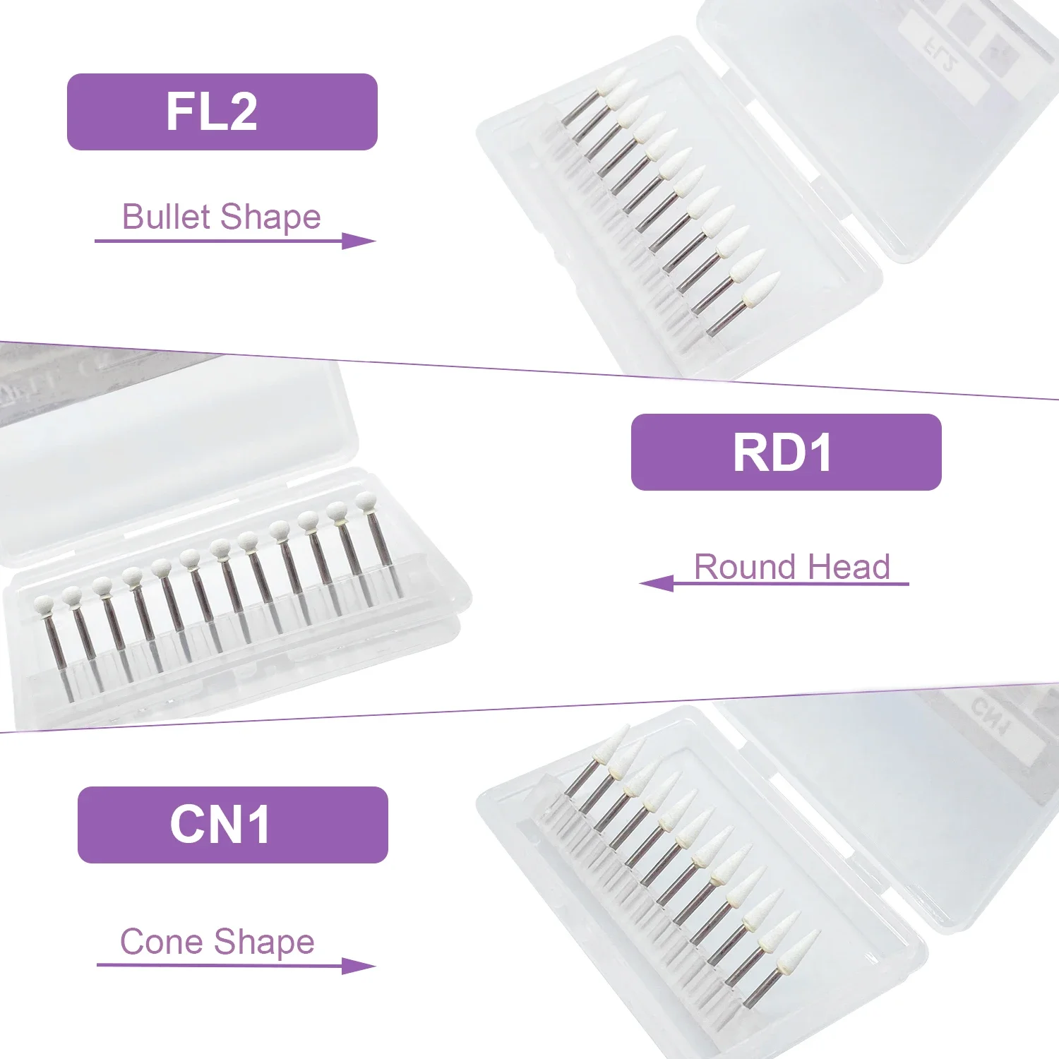 12pcs Dental White Stone Polishing Cone/Flame/Round Shape Abrasion Bur Fit For High Speed Handpiece 1.6mm Dentistry Material