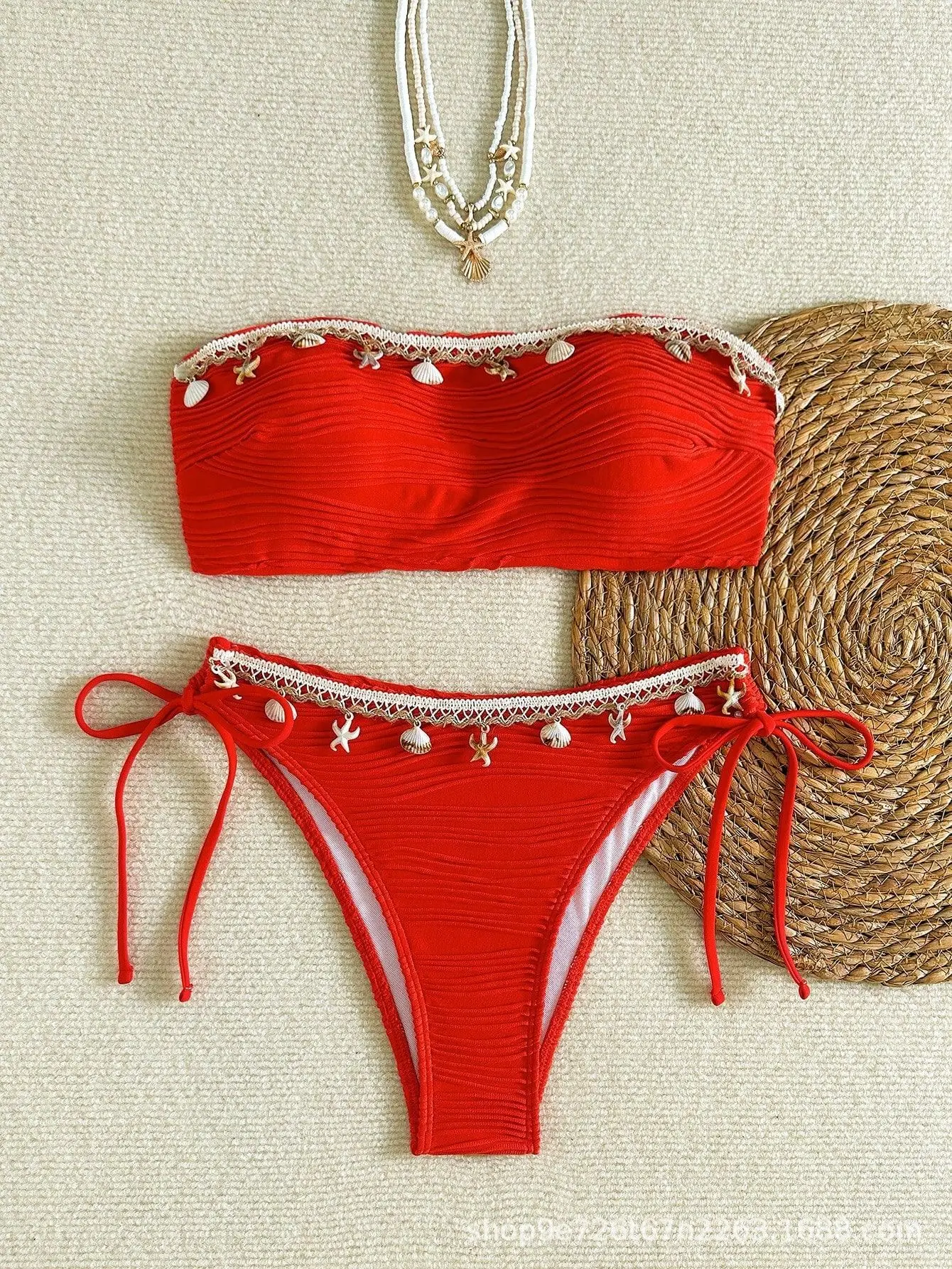 2025 Summer New Sexy Lace Up Strapless Women Split Swimsuit Fashion Shell Tassel Decoration Female Bikini Sets