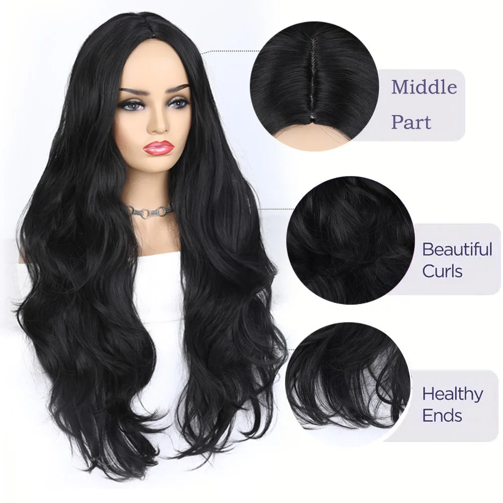 WIGNEE28 Inch Long Body Wave Wig Synthetic Hair Black Wigs for Women Tanie peruki na sprzedaż Wyprzedaż Włókno termoodporne Codzienne użytkowanie