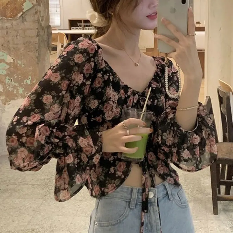 Broken Flowers Chiffon Blouse Fashion Shirring Drawstring Spring Summer Vintage Printed Women\'s Long Sleeve Elegant V-Neck Shirt