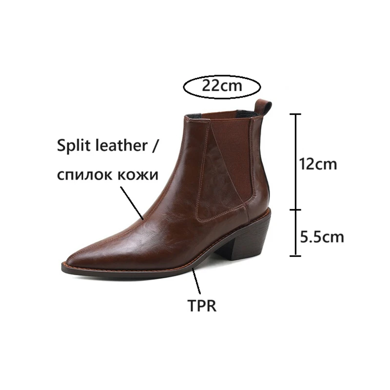 Nowość Jesienne buty damskie Split Leather Shoes for Women Pointed Toe Chunky Heel Shoes Slip-on Ankle Boots Handmade Western Boots