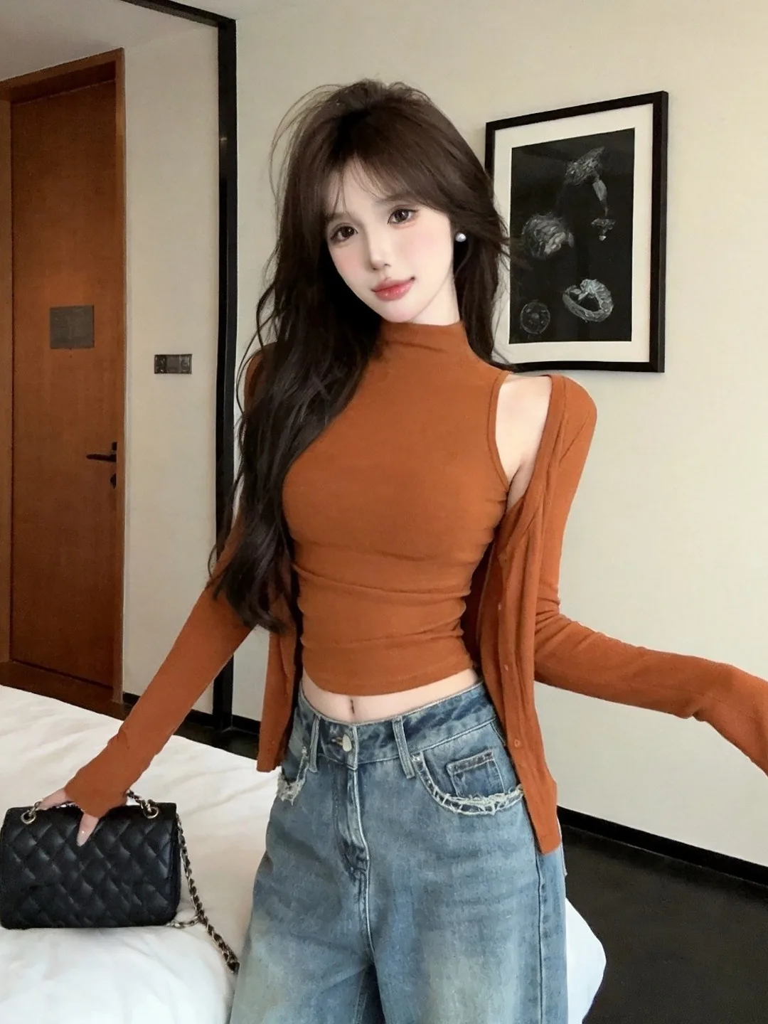 Early Autumn Korean Style High Collar Slim Fit Short Sleeveless T-Shirt Women Long Sleeve Open Cardigan Two Piece Set Top