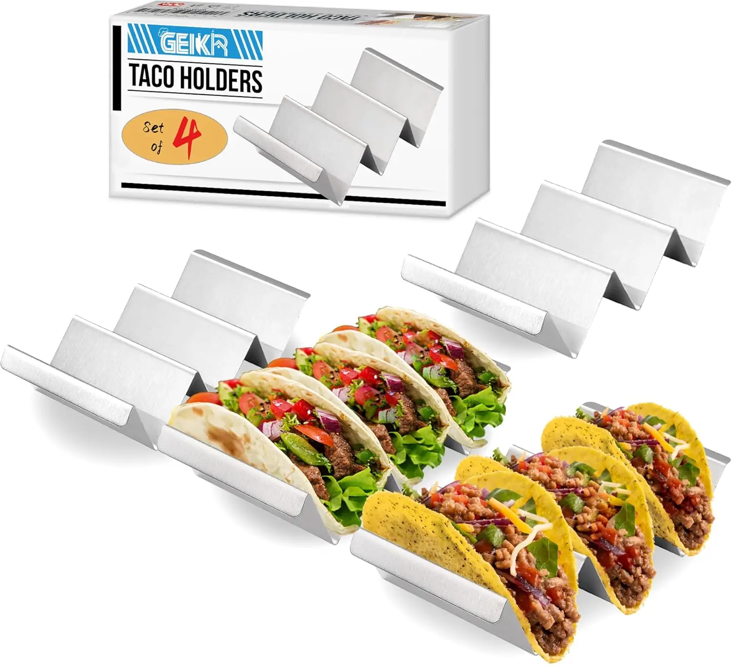 

Taco Holder 4 Pack - Stainless Steel Taco Stands for Hard or Soft Shells, Oven and Dishwasher Safe Taco Trays Set