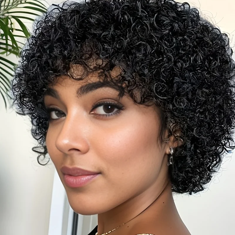 짧은 아프로 곱슬 가발 인모 곱슬 웨이브 가발 여성용 풀머신 가발