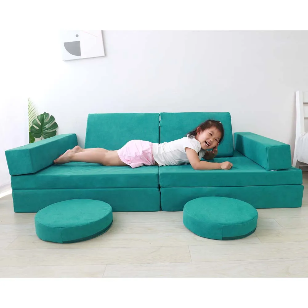 Sofa Modular Anak, Set Sofa Busa 10 Bagian, Dapat Dilipat, Dapat Dicuci, untuk Ruang Bermain & Ruang Tamu