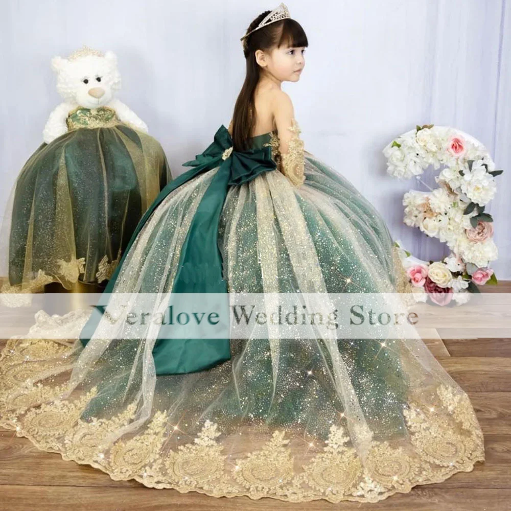 

Green Ball Gown Children Princess Dress Appliques Lace Pageant Birthday Party Dress Girl Flower Gowns Custom Customized