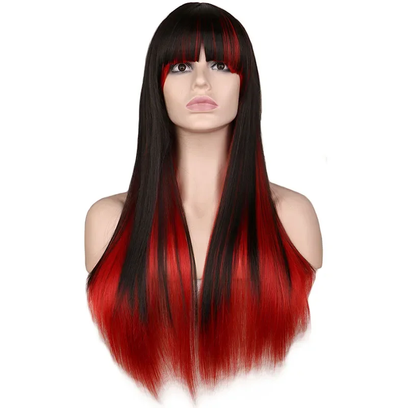 Perruque de Cosplay synthétique longue et lisse pour femmes, perruque de fête noire rouge ombrée résistante à la chaleur