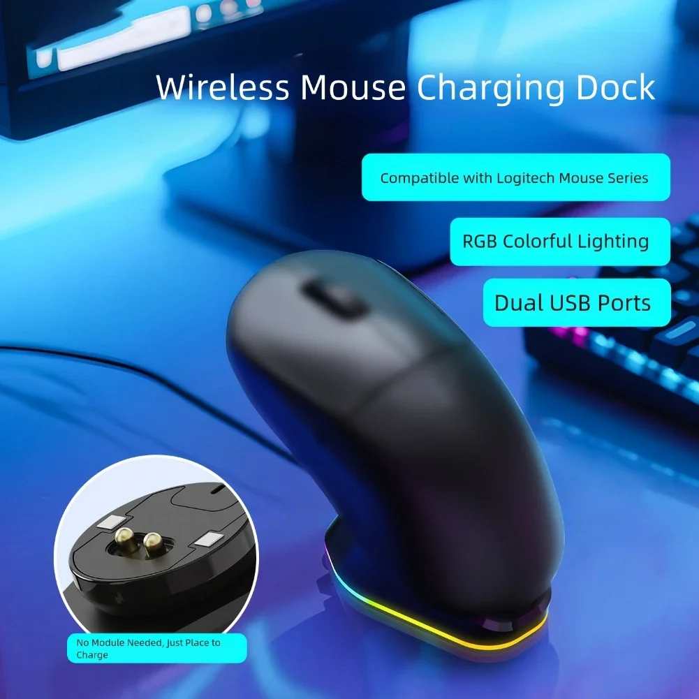 Base de carregamento para mouse sem fio Logitech compatível com GPW4 GPW3 GPW2 GProX G502 G903 Base magnética para carregamento eficiente
