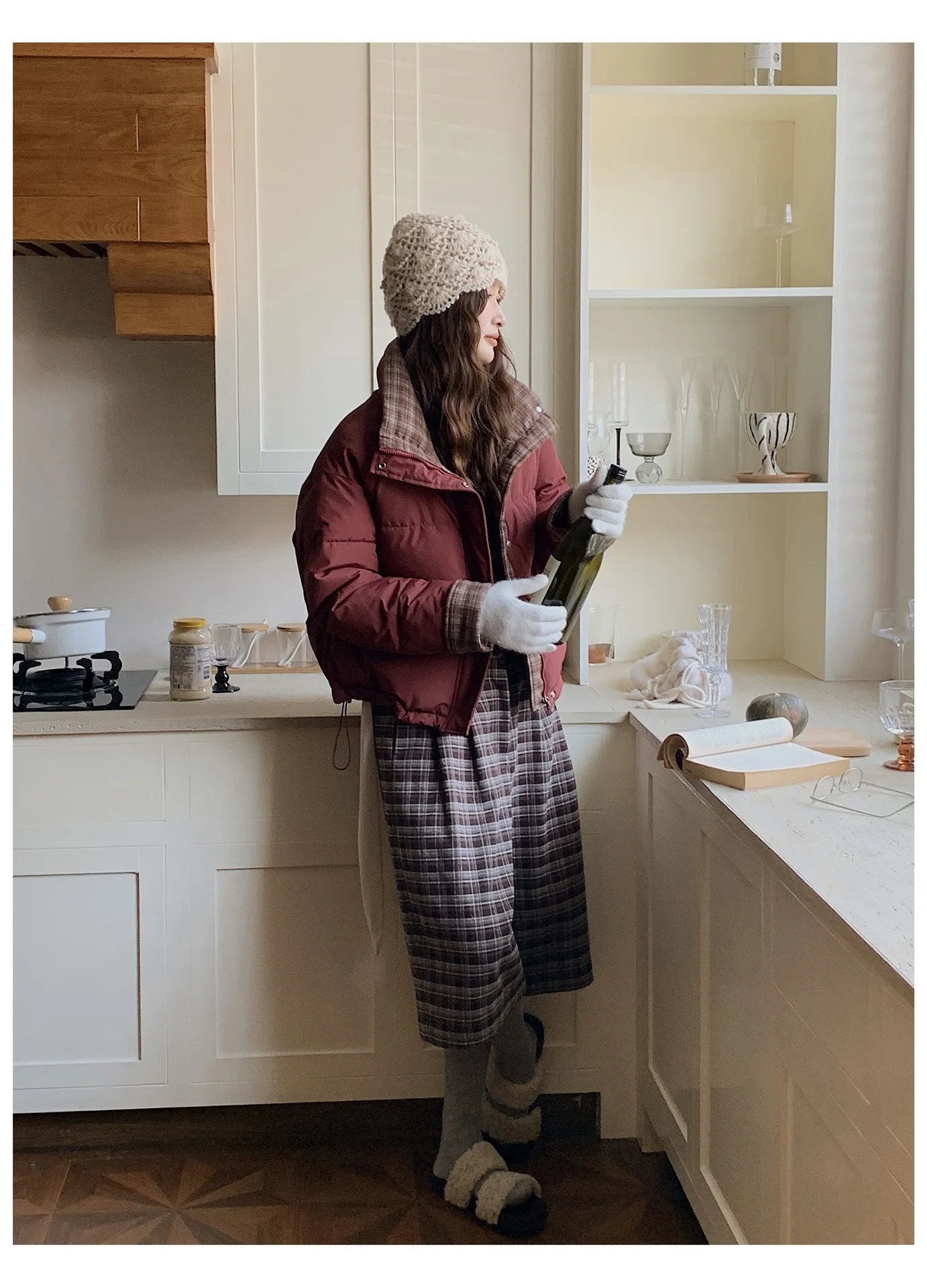 American Plaid Patchwork Puffer Jacket Women Winter Thick Stand Collar Short Parkas Woman Korean Casual Preppy Style Outerwear