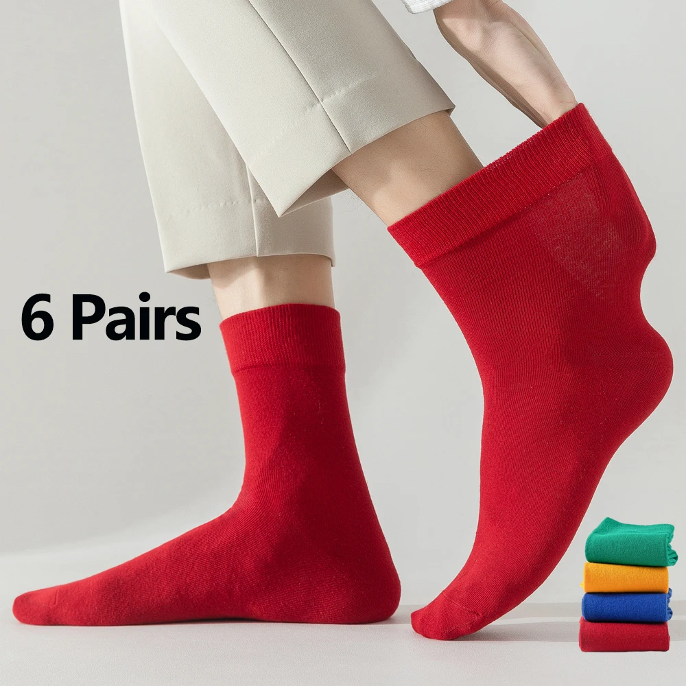 6Pairs Red Unisex Socks for Diabetic Non-Binding Loose-Fit Cotton Crew Socks Comfortable Ventilated Soft for Women All Occasions