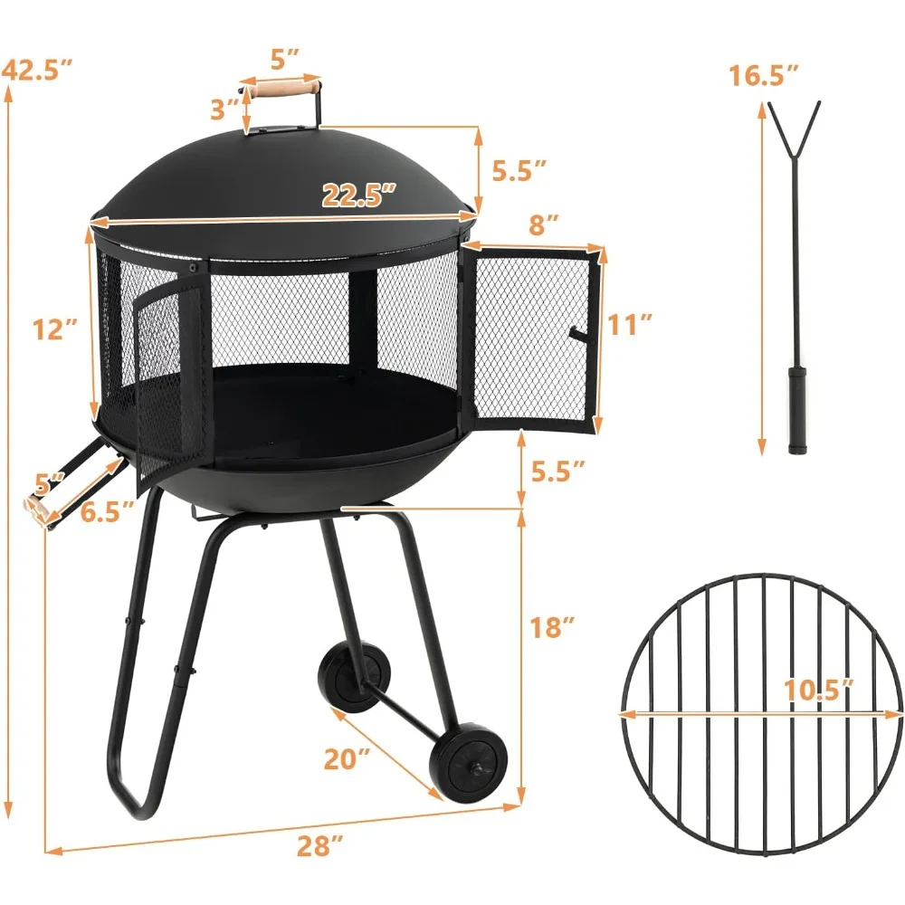 حفرة نار تانكولا لحرق الخشب مقاس 28 بوصة مع عجلات دوارة، وصر سجل، وبوكر للمدفأة الخارجية والترفيه الناري #5