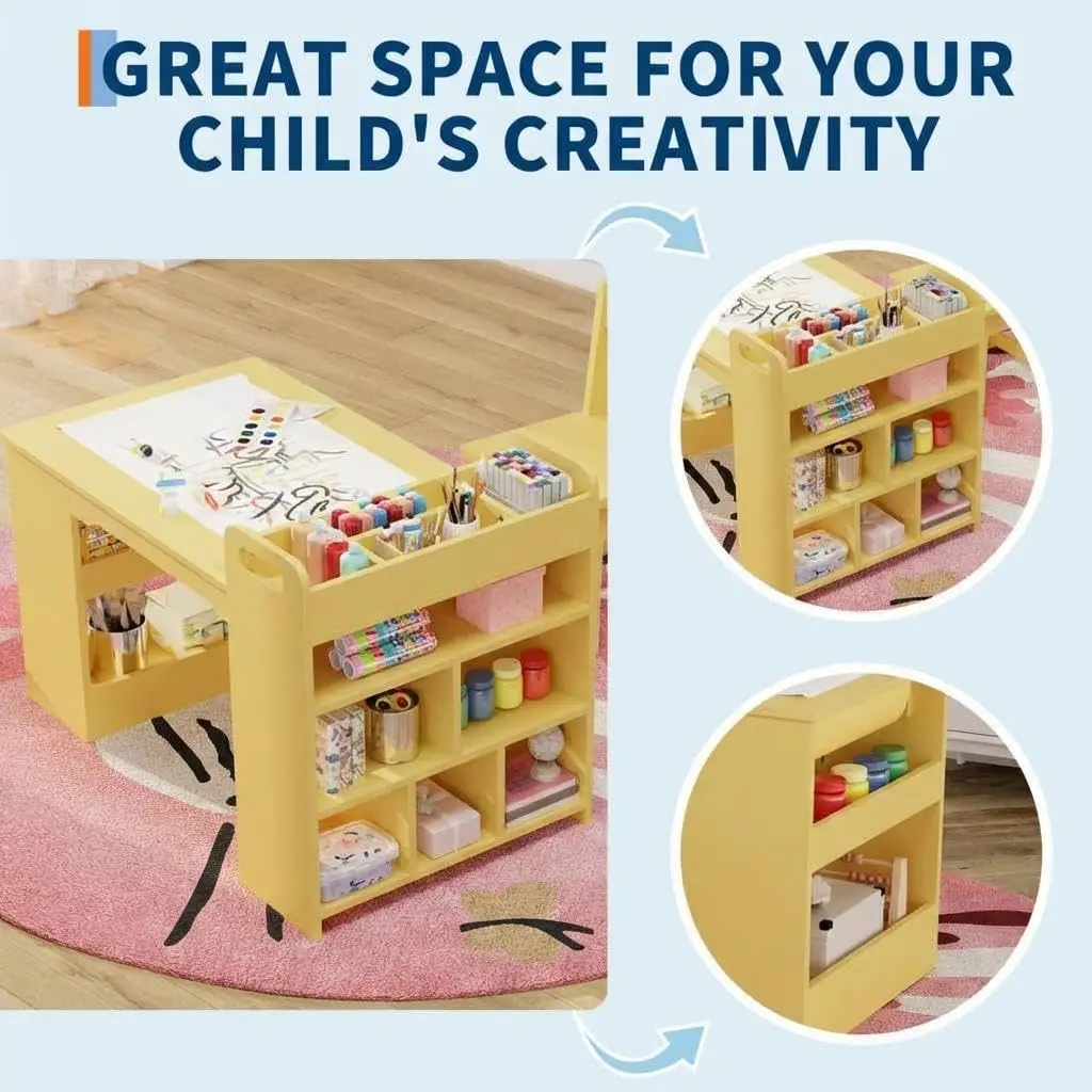 Tavolo da disegno per bambini con mobile contenitore a doppio scomparto, ampio tavolo da lavoro per attività artistiche, facile da pulire, ideale per attività creative di bambini e bambine.