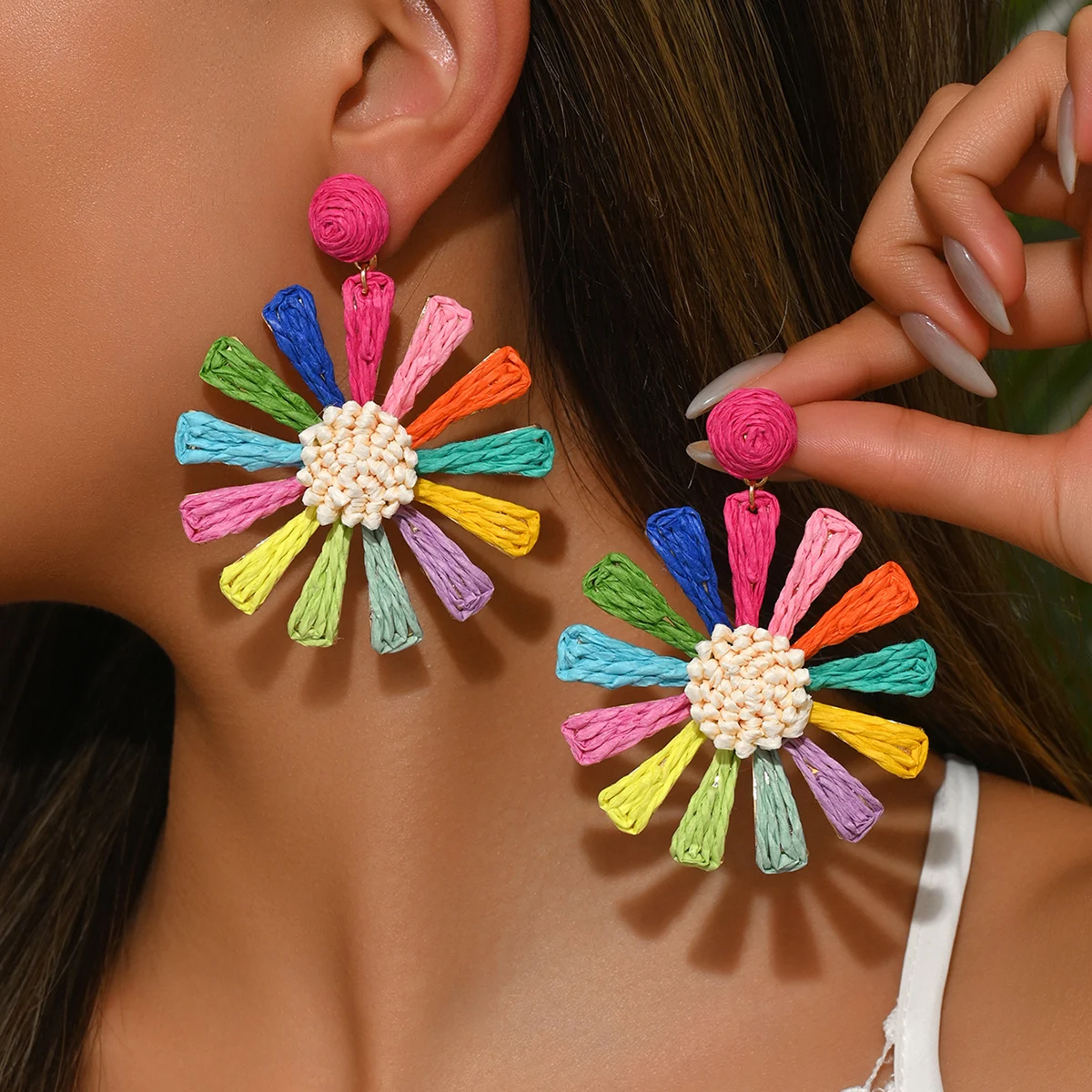 Boho Bunte Sonnenblume Rattan Strick Tropfen Ohrringe für Frauen Zarte Handgemachte Bast Blumen Ohrringe Sommer Party Schmuck Geschenk