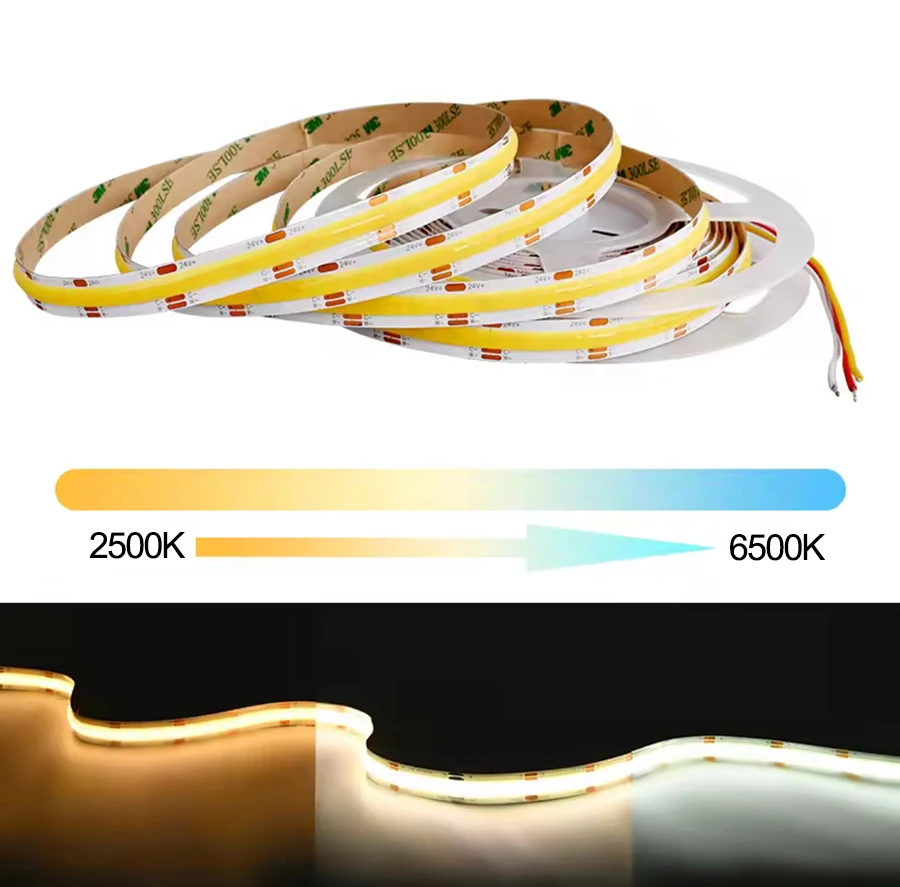 5M 12V 24V 5mm FCOB CCT LED Strip Lights 2Wires 600 LEDs/m High Density Flexible 3000K to 6500k Dimmable For Room decoration