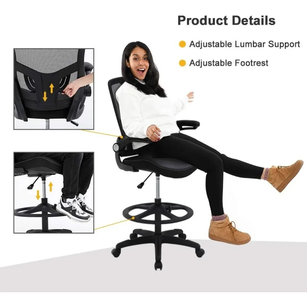 Chair Ergonomic Tall Office Chair Standing Desk Chair with Flip Up Arms Foot Rest Back Support Adjustable Height Mesh