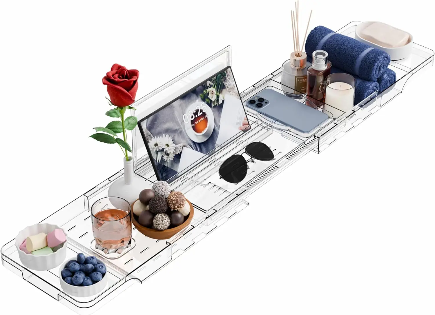 

Luxury Clear Expandable Bathtub Shelf, Plastic Bath Caddy Tray, Free-Standing Table Board