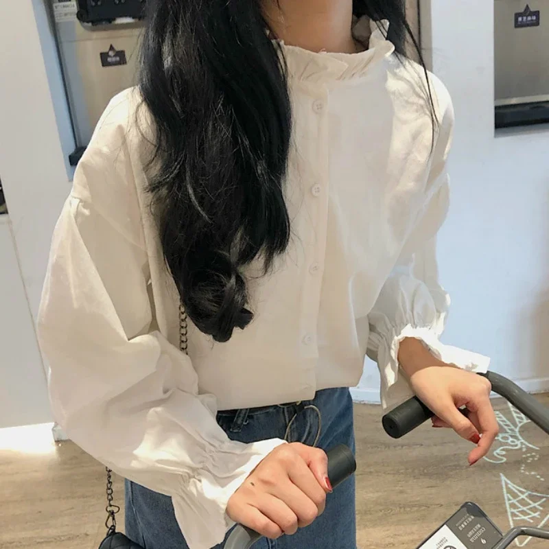 Shirts Women Ruffle Leisure Stand Collar Solid Flare Sleeve Womens Chic Pleated Loose Blouses Sweet Shirt Students All-match New